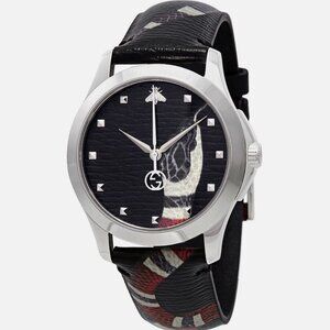 Gucci G-Timeless Kingsnake Black Leather Dial Steel Watch YA1264007A